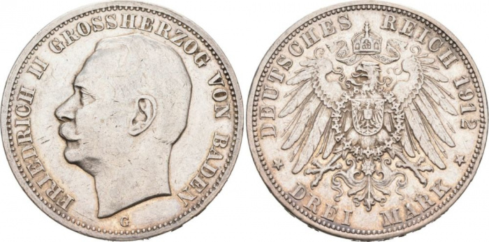 (1912G) Монета Германия (Баден) 1912 год 3 марки &quot;Фридрих II&quot;  Серебро Ag 900  UNC
